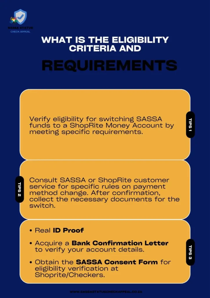 What is the Eligibility Criteria and Requirements to change Sassa R350 Payment Method to Shoprite Online